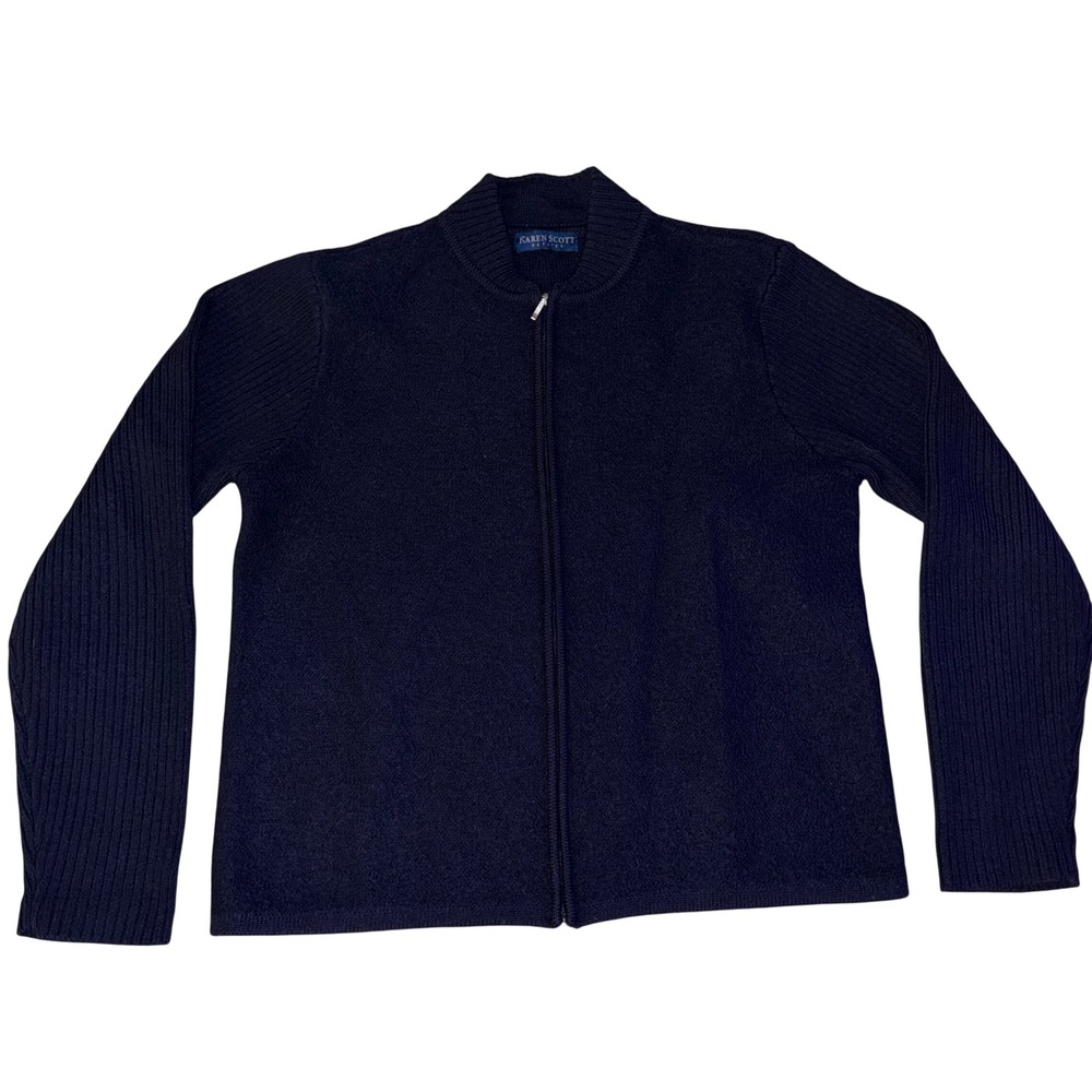 Karen Scott Petites Navy Blue‎ Zip Up Mock Neck Wool Sweater Women's Size PM